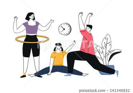 Healthy family flat concept with people for web design. Mother spinning hula hoop, father and daughter jumping, stretching or dancing, parent training with child together at home. Vector illustration. Healthy family flat concept with people for web design. Mother spinning hula hoop, father and daughter jumping, stretching or dancing, parent training with child together at home. Vector illustration. 141340832
