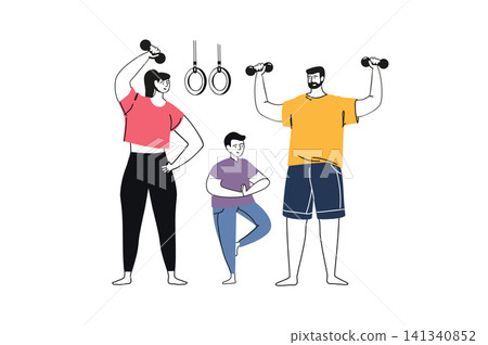 Healthy family flat concept with people for web design. Mother and father exercising with dumbbells and son practising yoga asanas, parents training with child together at home. Vector illustration. 141340852