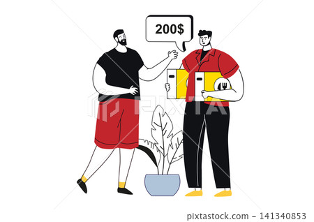 Food delivery flat concept with people for web design. Courier carrying boxes with meal order to client, man receiving meal packages to home and paying express shipping service. Vector illustration. 141340853