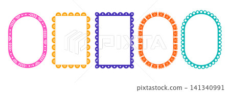 Collection of papel picado frames in traditional Mexican folk art style. Decorative vector borders Collection of papel picado frames in traditional Mexican folk art style. Decorative vector borders 141340991