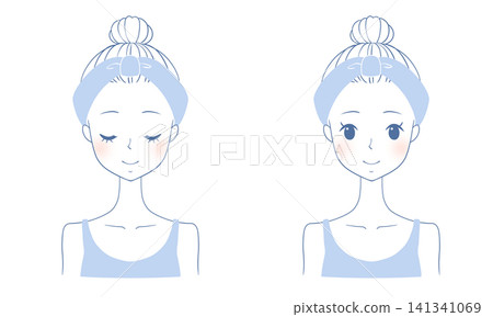 A set of female face illustrations: one with eyes open and one with eyes closed. A set of female face illustrations: one with eyes open and one with eyes closed. 141341069