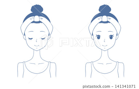 A set of female face illustrations: one with eyes open and one with eyes closed. A set of female face illustrations: one with eyes open and one with eyes closed. 141341071