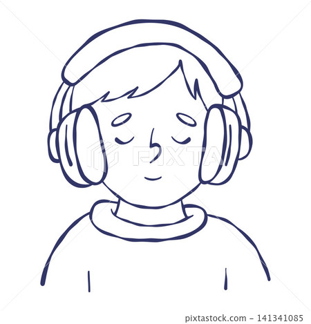 Boy Listening to Music in Headphones Line Art. Character of Relaxed Person with Closed Eyes, Enjoying Podcast, Audio Book or Meditation. Outline Hand Drawn Doodle. Vector Illustration. Boy Listening to Music in Headphones Line Art. Character of Relaxed Person with Closed Eyes, Enjoying Podcast, Audio Book or Meditation. Outline Hand Drawn Doodle. Vector Illustration. 141341085