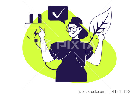 ESG sustainable modern flat concept for web banner design. Woman doing responsibility business with circular economy, green energy and waste recycling. Vector illustration with isolated people scene. ESG sustainable modern flat concept for web banner design. Woman doing responsibility business with circular economy, green energy and waste recycling. Vector illustration with isolated people scene. 141341100
