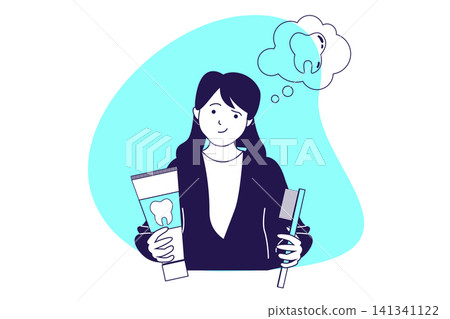 Dental care modern flat concept for web banner design. Woman making oral hygiene procedure, using toothbrush and toothpaste in tooth domestic routine. Vector illustration with isolated people scene. Dental care modern flat concept for web banner design. Woman making oral hygiene procedure, using toothbrush and toothpaste in tooth domestic routine. Vector illustration with isolated people scene. 141341122