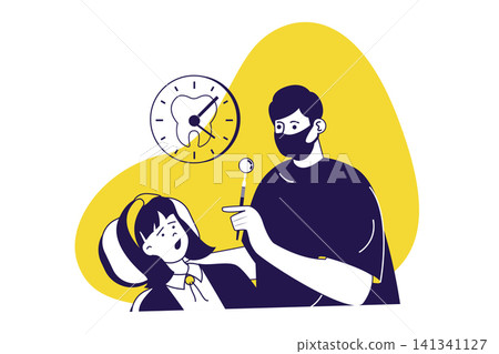 Dental care modern flat concept for web banner design. Dentist treats cavities, making teeth checkup, patient get oral hygiene and procedure in chair. Vector illustration with isolated people scene. Dental care modern flat concept for web banner design. Dentist treats cavities, making teeth checkup, patient get oral hygiene and procedure in chair. Vector illustration with isolated people scene. 141341127