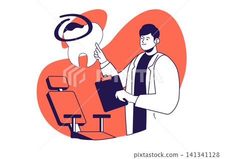Dental care modern flat concept for web banner design. Dentist treats cavities, making teeth checkup, does oral hygiene and prevention tooth procedure. Vector illustration with isolated people scene. Dental care modern flat concept for web banner design. Dentist treats cavities, making teeth checkup, does oral hygiene and prevention tooth procedure. Vector illustration with isolated people scene. 141341128