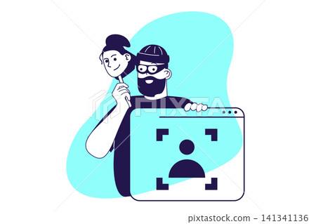 Cyber crime modern flat concept for web banner design. Hacker attacks online user profiles, gains access to personal data using fake face recognition. Vector illustration with isolated people scene. Cyber crime modern flat concept for web banner design. Hacker attacks online user profiles, gains access to personal data using fake face recognition. Vector illustration with isolated people scene. 141341136