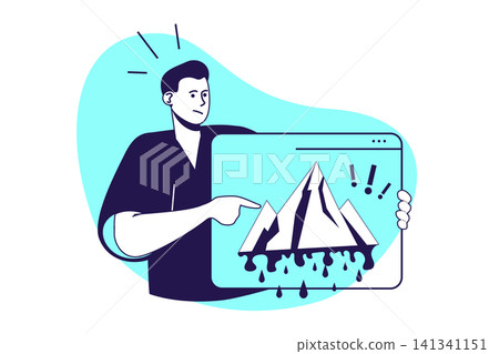 Climate change modern flat concept for web banner design. Man sharing information about environmental problems, melting glaciers and global warming. Vector illustration with isolated people scene. Climate change modern flat concept for web banner design. Man sharing information about environmental problems, melting glaciers and global warming. Vector illustration with isolated people scene. 141341151