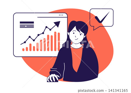 Business and finance modern flat concept for web banner design. Woman making financial analysis, accounting and planning financial growth with graphs. Vector illustration with isolated people scene. 141341165