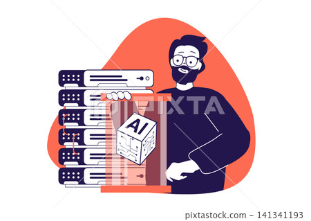 AI data center modern flat concept for web banner design. Man using computing with artificial intelligence technology, cloud storage at server system. Vector illustration with isolated people scene. AI data center modern flat concept for web banner design. Man using computing with artificial intelligence technology, cloud storage at server system. Vector illustration with isolated people scene. 141341193