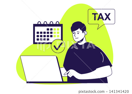 Tax declaration modern flat concept for web banner design. Man calculating earnings, planning taxation payments with calendar and paying financial bill. Vector illustration with isolated people scene. 141341420