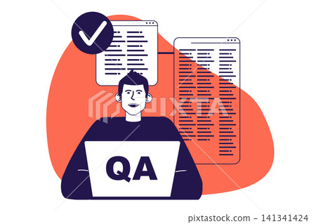 QA software testing modern flat concept for web banner design. Man analyzing programming code, finding and fixing problems, troubleshooting issues. Vector illustration with isolated people scene. QA software testing modern flat concept for web banner design. Man analyzing programming code, finding and fixing problems, troubleshooting issues. Vector illustration with isolated people scene. 141341424