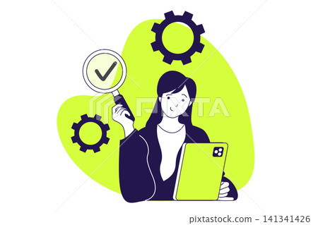QA software testing modern flat concept for web banner design. Woman inspecting apps and fixing problems, troubleshooting with making optimizations. Vector illustration with isolated people scene. QA software testing modern flat concept for web banner design. Woman inspecting apps and fixing problems, troubleshooting with making optimizations. Vector illustration with isolated people scene. 141341426