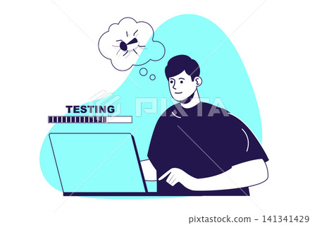 QA software testing modern flat concept for web banner design. Man inspecting programs finding bugs and defects in scripts, making quality reports. Vector illustration with isolated people scene. QA software testing modern flat concept for web banner design. Man inspecting programs finding bugs and defects in scripts, making quality reports. Vector illustration with isolated people scene. 141341429