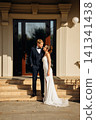 Happy and in love bride and groom at the entrance to a beautiful building  141341438