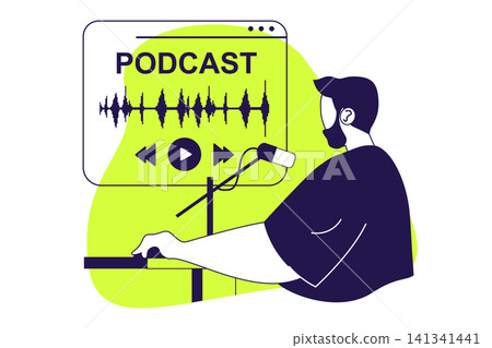 Podcast modern flat concept for web banner design. Man talking in microphone at studio, speaker making live streaming, audio show production in studio. Vector illustration with isolated people scene. Podcast modern flat concept for web banner design. Man talking in microphone at studio, speaker making live streaming, audio show production in studio. Vector illustration with isolated people scene. 141341441
