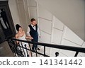 Portrait of a beautiful groom and a bride on the stairs 141341442