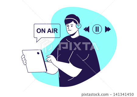 Podcast modern flat concept for web banner design. Man in headset listening live streaming or online audio show, enjoying favorite broadcasting talk. Vector illustration with isolated people scene. 141341450