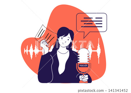 Podcast modern flat concept for web banner design. Woman recording online show and talking in microphone, broadcasting and live streaming in studio. Vector illustration with isolated people scene. Podcast modern flat concept for web banner design. Woman recording online show and talking in microphone, broadcasting and live streaming in studio. Vector illustration with isolated people scene. 141341452