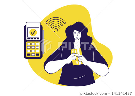Payment terminal modern flat concept for web banner design. Woman shopping and paying with her financial credit card using wireless POS terminal. Vector illustration with isolated people scene. Payment terminal modern flat concept for web banner design. Woman shopping and paying with her financial credit card using wireless POS terminal. Vector illustration with isolated people scene. 141341457