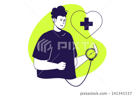 Heart health modern flat concept for web banner design. Man measuring blood pressure with tonometer, monitoring heartbeat and cardiac performances. Vector illustration with isolated people scene. 141341537