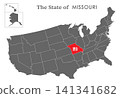 The state  of Missouri on the map of the United States of America is highlighted in red. States of the USA with borders on a general map 141341682