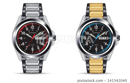 Realistic watch clock chronograph silver gold steel white number red blue black set collection design luxury fashion object for men on white background vector Realistic watch clock chronograph silver gold steel white number red blue black set collection design luxury fashion object for men on white background vector 141342040