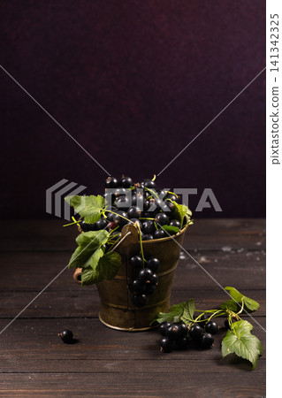 Fresh blackcurrant berries in a metal bucket Fresh blackcurrant berries in a metal bucket 141342325