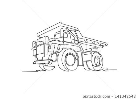 Continuous one line drawing massive industrial mining construction dump truck, highlighting its giant wheels and powerful cabin from low angle view. Single line draw design vector graphic illustration 141342548