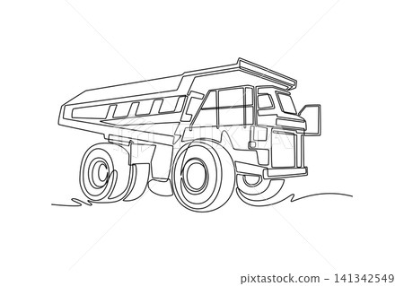 Continuous one line drawing heavy industrial mining dump truck, highlighting its big tires and massive container bed from a side perspective view. Single line draw design vector graphic illustration Continuous one line drawing heavy industrial mining dump truck, highlighting its big tires and massive container bed from a side perspective view. Single line draw design vector graphic illustration 141342549