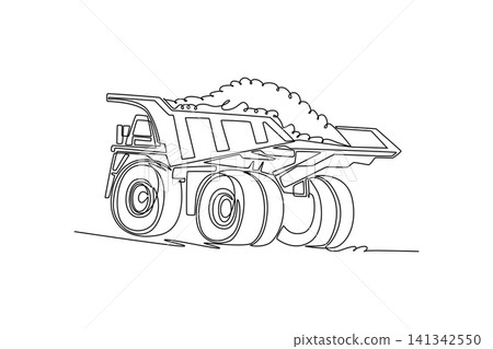 Continuous one line drawing back view of massive industrial mining dump truck carrying heavy load, showcasing its large wheels and mechanical build. Single line draw design vector graphic illustration Continuous one line drawing back view of massive industrial mining dump truck carrying heavy load, showcasing its large wheels and mechanical build. Single line draw design vector graphic illustration 141342550