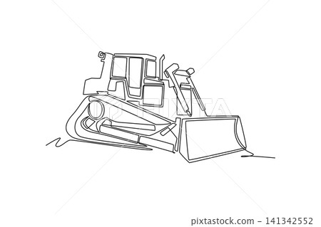 Single continuous line drawing an industrial tracked bulldozer vehicle. Its robust build, caterpillar tracks, and front blade loader from a side angle. One line draw graphic design vector illustration Single continuous line drawing an industrial tracked bulldozer vehicle. Its robust build, caterpillar tracks, and front blade loader from a side angle. One line draw graphic design vector illustration 141342552