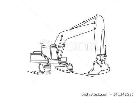 Single continuous line drawing industrial crawler excavator machine showing its massive hydraulic digging arm extended forward with mechanical bucket. One line draw graphic design vector illustration Single continuous line drawing industrial crawler excavator machine showing its massive hydraulic digging arm extended forward with mechanical bucket. One line draw graphic design vector illustration 141342555