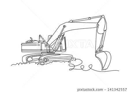 Single continuous line drawing a heavy industrial crawler excavator machine working on construction site with large mechanical arm and bucket digging. One line draw graphic design vector illustration 141342557