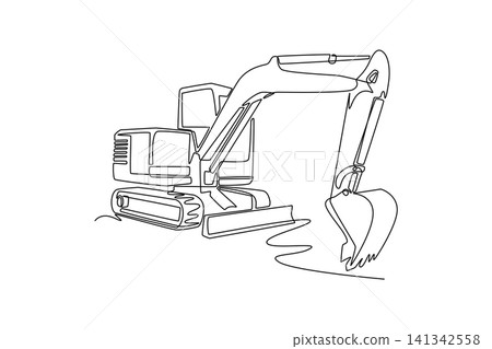 Single one line drawing powerful crawler excavator truck. Detailed mechanical arm and digging bucket lowered to the ground at construction site. Continuous line draw design graphic vector illustration 141342558