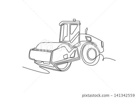 Single one line drawing heavy industrial road roller compactor construction truck, showcasing its massive front drum roller and wheels. Modern continuous line draw design graphic vector illustration Single one line drawing heavy industrial road roller compactor construction truck, showcasing its massive front drum roller and wheels. Modern continuous line draw design graphic vector illustration 141342559