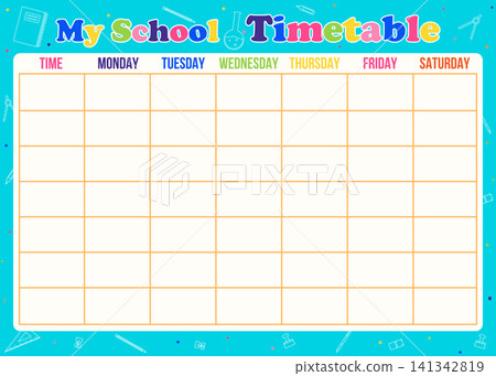 Bright and organized student school timetable template featuring a blue background with stationery doodles, perfect for planning weekly classes, assignments, and study sessions for kids, teachers, and 141342819