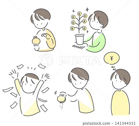 A set of simple line art vector illustrations of people related to money and investment. A set of simple line art vector illustrations of people related to money and investment. 141344331