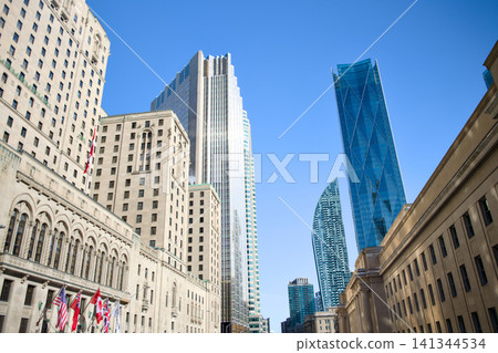 Glass Skyscraper Rises Beside Historic Bank Building Toronto Canada Glass Skyscraper Rises Beside Historic Bank Building Toronto Canada 141344534