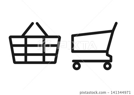 A set of two line art icons of a shopping cart and a shopping basket. A set of two line art icons of a shopping cart and a shopping basket. 141344971