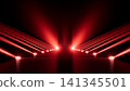 Symmetrical red stage lighting with converging laser beams over illuminated walkway and bright spotlights against deep black background, creating dramatic concert atmosphere with glowing perspective 141345501