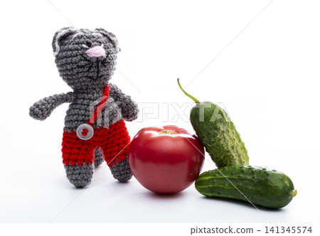 Knitted cat toy on a white background with vegetables Knitted cat toy on a white background with vegetables 141345574