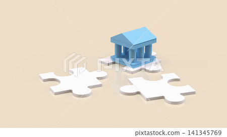 Bank Building on Jigsaw Puzzle for Financial Solutions 3d render. Bank Building on Jigsaw Puzzle for Financial Solutions 3d render. 141345769