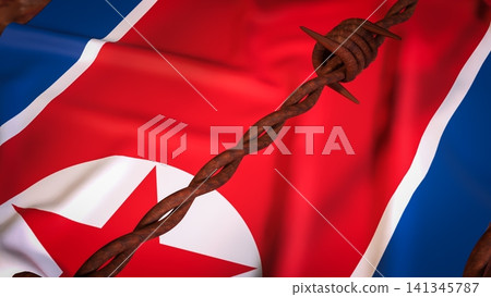 North Korean Flag Behind Rusty Barbed Wire Barrier 3d render. North Korean Flag Behind Rusty Barbed Wire Barrier 3d render. 141345787