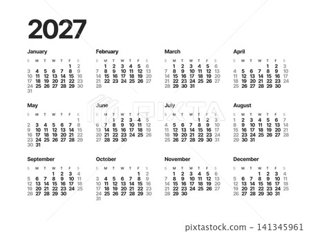 Annual calendar template, one page, Sunday start. 141345961