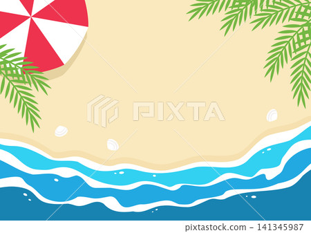 A background of summer sea, beach umbrellas, and palm leaves. A background of summer sea, beach umbrellas, and palm leaves. 141345987