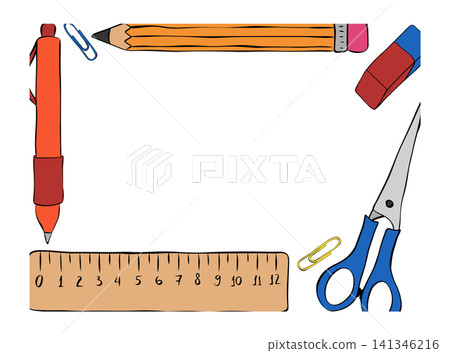 Colorful school themed School student tools frame rectangle hand drawn illustration. Vector graphic line ink art template. educational supplies and tools. Perfect for kids designs, prints, cards Colorful school themed School student tools frame rectangle hand drawn illustration. Vector graphic line ink art template. educational supplies and tools. Perfect for kids designs, prints, cards 141346216