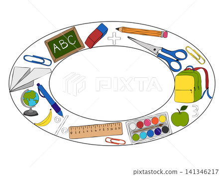back to school supplies School elementary student tools frame oval hand drawn illustration. Vector graphic line ink art template. design for fashion graphics, textile prints, wallpapers. back to school supplies School elementary student tools frame oval hand drawn illustration. Vector graphic line ink art template. design for fashion graphics, textile prints, wallpapers. 141346217