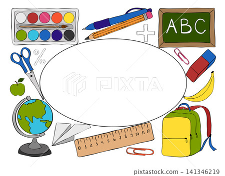 School elementary tools frame oval rectangle hand drawn illustration. Vector graphic line ink art template. essential educational supplies for students, perfect for promotions and learning School elementary tools frame oval rectangle hand drawn illustration. Vector graphic line ink art template. essential educational supplies for students, perfect for promotions and learning 141346219